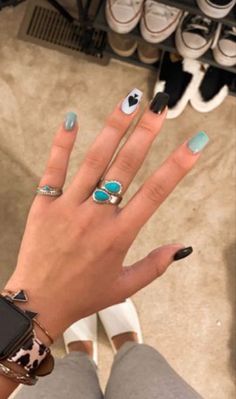 Cute Western Nails Acrylic Coffin, Western Nails Country Simple, Teal And Black Nail Ideas, Country Music Concert Nails, Western Checkered Nails, Cute Nail Polish Designs, Mail Inspo Coffin, Western Nail Inspo Acrylic, Dark Blue Western Nails