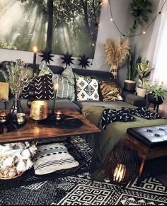 a living room filled with lots of furniture and decor on top of carpeted flooring