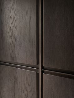 a close up view of some wooden cabinets with dark wood grained finish on the doors