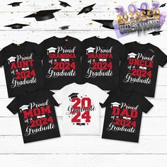 Celebrate your Grad in Style and stand out at Graduation with Custom Shirts. Our T-Shirts are 100% Cotton and Super Soft for Comfort. Designed with High Quality Vinyl with a Solid or Glitter finish.                                          TO ORDER   - Select your Sizes & Titles - In the Personalization Section Add            Family Shirt Color (Grad Shirt is White, Family Shirts are done or White or Back)            Grad Name            Color & Finish Each shirt is made just for your family, therefore we do not offer Refunds. If you have any Questions about this listing please message us before placing your order. Pre-shrunk Cotton T-shirt For Graduation Party, Casual Tops With Custom Print For Graduation, Custom Print Black T-shirt For Graduation, Black Letter Print T-shirt For Graduation, Black T-shirt With Letter Print For Graduation, Black T-shirt With Custom Print For Graduation, Custom Print Cotton Tops For Graduation, Cotton T-shirt With Custom Print For Graduation, Black Tops With Graphic Print For Family Reunion