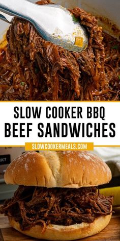 slow cooker bbq beef sandwiches on a cutting board