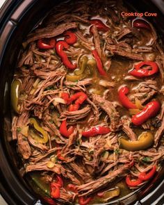 slow cooker pot roast beef with peppers and jalapenos is ready to be eaten