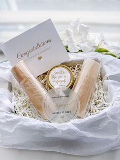 congratulations gift set in a white box with flowers