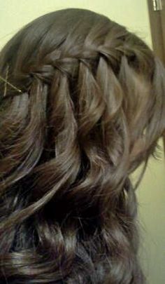 Waterfall braid! Formal Upstyles, Curly Waterfall Braid, Prom Hairdos, Waterfall Braid With Curls, Valentines Dance, Waterfall Braid Tutorial, Grad Hair, Waterfall Braid Hairstyle, Curled Hair