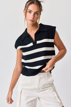 Striped polo knit collared top with v-neckline! -Model is wearing a small Sleeveless Polo Shirt Outfit, Collared Sweater, Tennis Skirts, Polo Top, British Indian, Sophisticated Style, Brunei, Oversized Fits, Sale Items