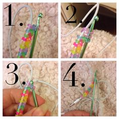 four pictures showing how to make an ornament with beads and crochet