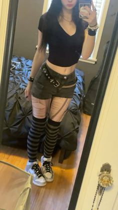 #alternative #tights #accessories #fashion #outfit Emo Leggings Outfit, Ripped Tights Outfit Grunge, Emo Shorts Outfit, Ripped Tights Outfit, Knee High Converse Outfit, High Converse Outfit, Ripped Tights, Outfit Grunge