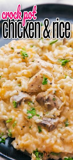 Cheesy chicken and rice on a plate with parsley garnish on top. Favorite Crockpot Meals, Chicken Rice Cheese, Cheesy Crockpot Chicken, Crock Pot Chicken And Rice, Crockpot Rice Recipes, Crockpot Chicken And Rice, Chicken Recipe For Dinner, Cheesy Chicken And Rice