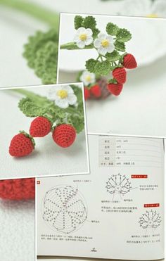 crocheted strawberries and daisies are arranged on a table with instructions to make them