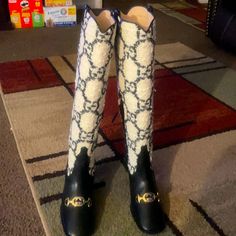 Black N White Tweed Real Gucci Boots True To Size Worn Once Corral Cowgirl Boots, Black And White Boots, Marc Fisher Boots, Tory Burch Boots, Brown Cowboy Boots, Gucci Boots, Black Boots Tall, White Tweed, Tall Leather Boots