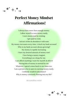 a green heart with the words perfect money minds affirmation