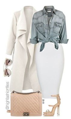 Jean Shirt, Chique Outfits, White Coat, White Skirt, Outfit Casual