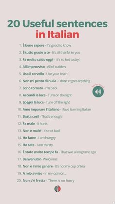 an italian language poster with the words 20 useful sentences in italian written below it