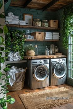 a washer and dryer in a small room with plants on the shelves above