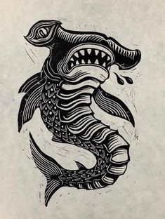 a black and white drawing of a fish with its mouth open, it's teeth are