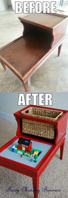 the before and after pictures of a red table with toys in it, including a toy chest