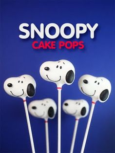 there are four marshmallows with faces on them and the words snoopy cake pops