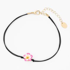 One perfect hibiscus flower will help you feel like you're on a tropical island! The pretty pink petals are on a black cord anklet with a gold-tone clasp. It's perfect for pool and beach days, all summer long. Finish: Gold-tone Length: 9" + 2" extender Closure: Lobster clasp Material: Metal, Plastic, Polyester - Claire's Pink Hibiscus Flower Anklet Cord Anklet, Pink Hibiscus Flower, Pool And Beach, Pink Hibiscus, Beach Anklets, Fashionable Jewelry, Pink Petals, Hibiscus Flower, Tropical Island