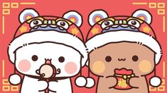 two cartoon bears wearing santa hats and holding something in their hands on a red background