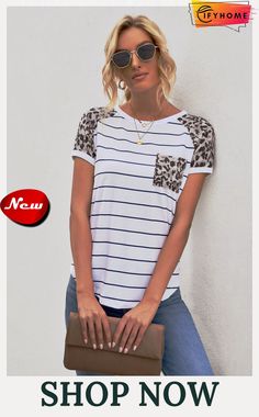 Striped Leopard Pocketed Patch Tee Casual Summer Blouse With Striped Sleeves, Casual Summer T-shirt With Striped Sleeves, Spring Tops With Striped Short Sleeves, Casual Tops With Striped Short Sleeves, Spring Short Sleeve Tops With Striped Sleeves, Casual Short Sleeve Tops With Striped Sleeves, Spring Top With Striped Short Sleeves, White Short Sleeve Top With Striped Sleeves, Relaxed Fit White Tops With Striped Sleeves