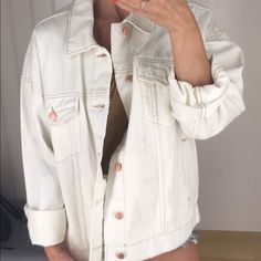 This Off White/Cream Colored Jean Jacket Is Really Something. I Was Going To Keep It For Myself But I Have Too Many Jean Jackets! It’s A Real Beauty! The Gold/Bronze Buttons Just Make It That More Beautiful! I Love The Oversized Fit! This Jacket Also Has These Hidden Pockets On The Inside! *Free People Logo Is Upside Down Inside Of Jacket *Also Seems To Be A Small Ink Mark On The Inside (Not Noticeable At All, See Pics) White Button-up Denim Jacket For Day Out, Trendy Cream Outerwear For Summer, Trendy Cream Summer Outerwear, Oversized White Summer Outerwear, Beige Denim Jacket For Spring Workwear, Trendy Beige Denim Jacket For Spring, Casual Neutral Outerwear For Summer, Casual Neutral Summer Outerwear, Oversized Cream Button-up Outerwear