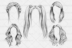 four different styles of long hair with braids on each side and one ponytail in the middle