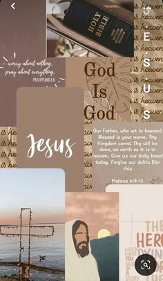 the collage has many different images and words on it, including jesus's name