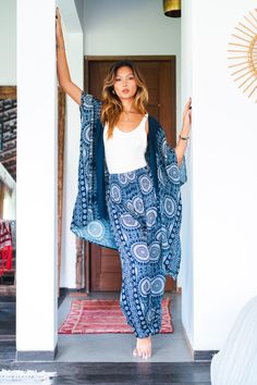 boho chic | bohemian style | fall transition to summer outfits | lounge set | chic casual outfits | handmade apparel | made in Thailand | handcrafted with love Chic Casual Outfits, Bohemian Chic Fashion, Comfort Gifts, Flowy Fabric, Matching Pants, Healing Energy, Kimono Dress, Bohemian Clothes, Lounge Set