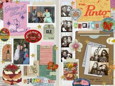 a collage of photos, pictures and other items in a scrapbook or album