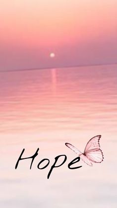 a white butterfly flying over the ocean at sunset with hope written on it's wings