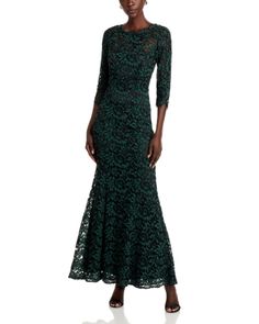 Eliza J Lace Gown Floral Evening Gown, Gowns Online, Eliza J, Lace Gown, Lace Design, Three Quarter Sleeves, Evening Gown, Round Neck, Comfort Fit