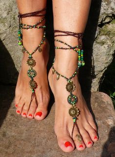 This listing is for a PAIR of barefoot sandals and ONE toe ring.The brass charms may be different from the small leafs in the picture. Beautiful and unique barefoot sandals with a tribal vibration. They look great as necklace or on the hands too :) Handmade crocheted with love and Forest Mandala, Hippie Sandals, Beach Wedding Sandals, Barefoot Sandal, Jewelry Hippie, Ankle Jewelry, Crochet Sandals, Beaded Crochet, Wedding Sandals