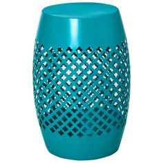 a teal colored stool with an intricate design on the top and bottom, sitting in front of a white background