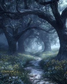 a path in the middle of a forest with trees and flowers on both sides, surrounded by fog