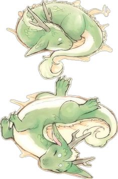 two green alligators laying on top of each other with their heads turned to look like they are sleeping