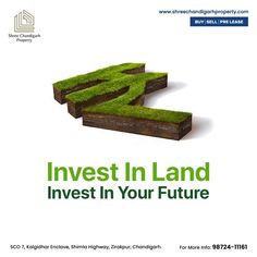 an advertisement for invest in land, with grass growing on the letters e and f