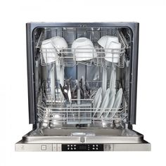 an open dishwasher on a white background