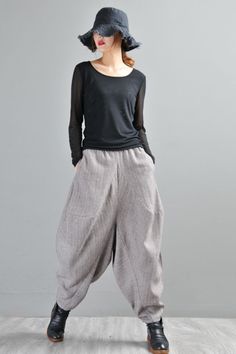 #harempants #trousers #streetwear #Koreanfashion Striped Bottoms With Pockets For Fall, Fall Striped Bottoms With Pockets, Striped Bottoms With Side Pockets For Spring, Baggy Striped Pants With Pockets, Women In Black, Trousers For Women, Baggy Trousers, Comfy Pants, Gray Light