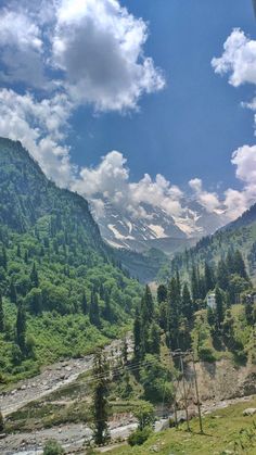 the mountains are covered with snow and green trees in the foreground is a river running through it