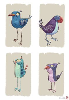 four different colored birds standing in the middle of four square pictures with one bird on its head