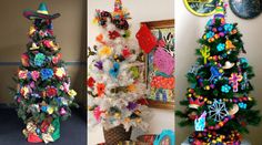 three different christmas trees decorated with colorful decorations