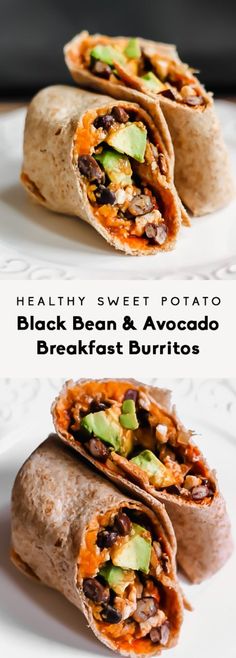 healthy sweet potato, black bean and avocado breakfast burritos on a white plate