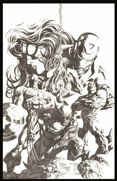 an ink drawing of avengers and captain america