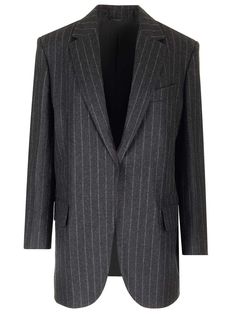 Dark grey pinstriped blazer from Brunello Cucinelli, with lapel collar, side flap pockets, welt chest pocket and one-button front fastening. Pinstripe Blazer With Lapel Collar For Business Casual, Pinstripe Blazer With Welt Pockets For Business Casual, Luxury Pinstripe Outerwear For Work, Classic Pinstripe Blazer With Lapel Collar, Classic Pinstripe Outerwear With Lapel Collar, Pinstripe Business Suits With Lapel Collar, Pinstripe Suits With Lapel Collar For Business, Classic Pinstripe Blazer For Business, Formal Pinstripe Blazer With Welt Pockets