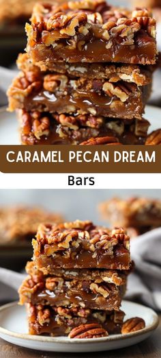 caramel pecan dream bars stacked on top of each other with text overlay