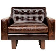 a brown leather chair sitting on top of a wooden frame