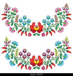 two floral designs on white paper with red, yellow and blue flowers in the center