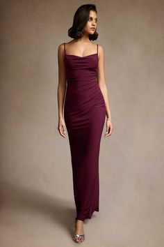 The Sherrie Cowl Maxi Dress is an eveningwear staple. The draped neckline is paired with spaghetti straps and gathering around the waistline. The look is complete with a sheath skirt. Maroon Dress Outfit, Maroon Maxi Dress, Atelier Dress, Wine Colored Dresses, Burgundy Midi Dress, Azazie Dresses, Sage Dress, Special Event Dresses, Maxi Dresses Fall