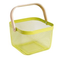 a yellow basket with wooden handles on a white background