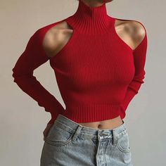 Lasaky - Sophisticated Solid Turtleneck Sweater with Sexy Shoulder and Midriff Cut-Outs Red Christmas Sweater, Cutout Style, Slim Fit Top, High Neck Long Sleeve, Long Sleeve Turtleneck, Turtle Neck Top, Tops Fall, Sweater Sleeves, Red Sweaters